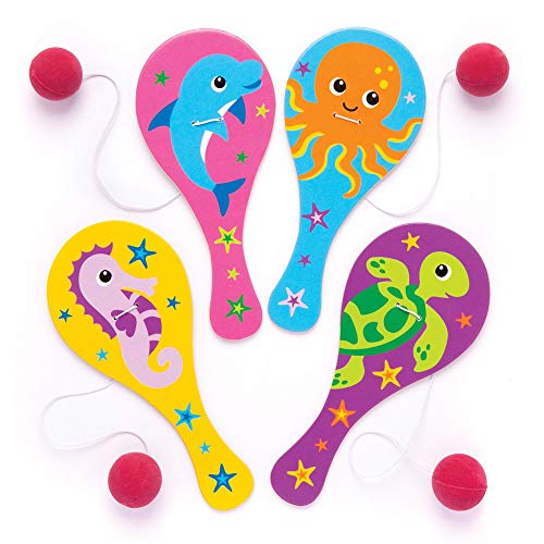 Baker Ross Ltd Sea Life Plastic Paddle Ball and Bat (Pack of 4) Fun Paddle Ball Game Perfect for Party Favours