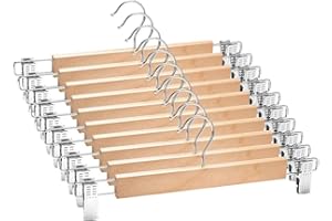 korvre 10 Pack Wooden Skirt Hangers with Adjustable Clips Non-Slip Trouser Hanger Natural Wood Pants Hangers 360°