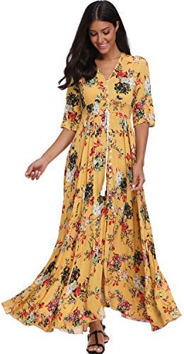 Summer Floral Print Maxi Dress Women Button Up Split Long Flowy Bohemian Beach Party Dresses