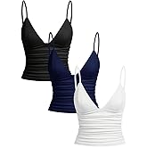 OYOANGLE Women's 3 Pack V Neck Ruched Cami Crop Tops Spaghetti Strap Slim Fitted Camisole