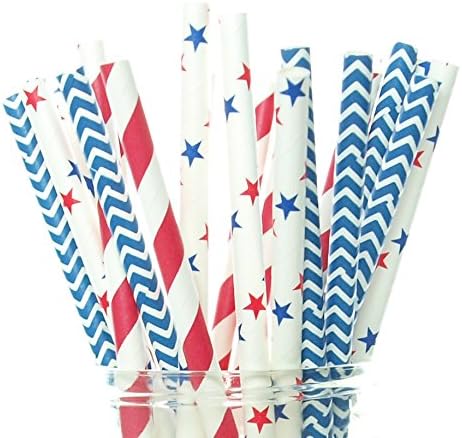 Patriotic USA Stars & Stripes Red, White & Blue Straws (Pack of 50) - 4th of July Party Supplies, Military Homecoming/Farewell Party Decorations