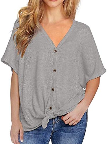Chvity Womens Waffle Knit Tunic Blouse Tie Knot Henley Tops Loose Fitting Bat Wing Plain Shirts