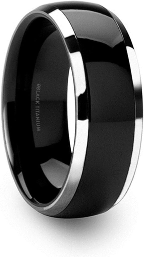 Nolan | Titanium Rings for Men | Lightweight Titanium | Comfort Fit | Domed Black Titanium Wedding Band with Polished Beveled Edges - 8mm