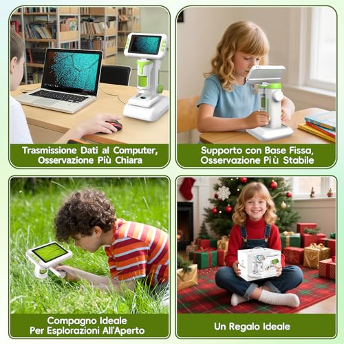Charmofun Children's Microscope, Digital Microscope with 64GB Memory Card, Portable Microscopios for Children with 4 Inch LCD Screen, 1600X Magnification, Photo and Video, Portable and Fixed Function