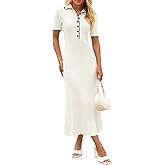 MEROKEETY Women's 2026 Spring Ribbed Maxi Dress Summer V Neck Button Short Sleeve Slim Fit Bodycon Knit Sweater Dresses