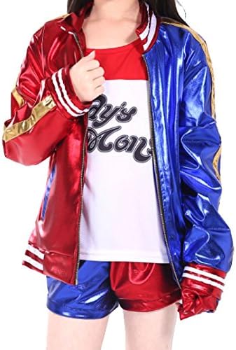 4PCS (Embroidery Jacket + T- Shirt + Square shorts+ 1Glove) For Kids Suicide Squad Harley Quinn Cosplay Kit (L=Height 130CM)