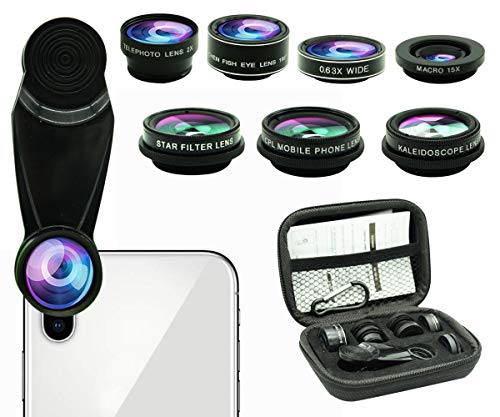 8 in 1 Phone Camera Lens Kit, 0.63Wide Angle Lens+15X Macro+198Â°Fisheye+2X Telephoto+Kaleidoscope+CPL/Starlight/Universal Clip, Zoom Compatible with iPhone Samsung Smartphones (Black)