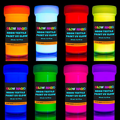 juego de pintura uv glow magic fabric - juego de 8 - pinturas de luz negra textil neón - color de ropa con teñido anudado fluorescente - para proyectos de arte que brillan intensamente - 8 x 20 ml / 0.7 fl oz