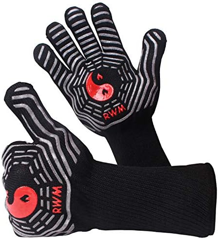 RWM BBQ Grill Gloves, Heat Resistant Cooking Gloves, Non-slip Silicone Coated Oven Mitts for Grilling, BBQ, Oven, Baking and Microwave - Safe Handling of Pots and Pans