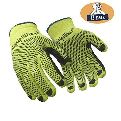 RefrigiWear Midweight Knit Double Sided PVC Dot Grip Work Gloves, Pack of 12 Pairs (High Visibility Lime, Large)