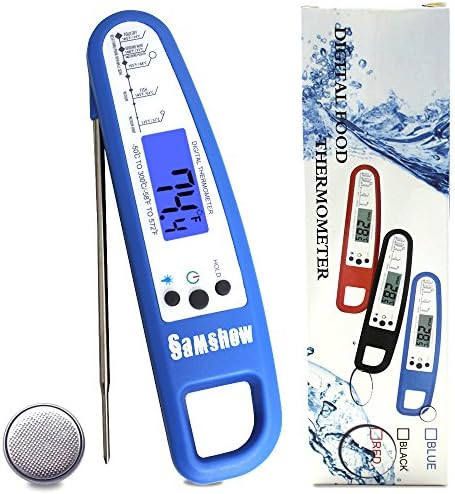 Samshow Digital Meat Thermometer Instant Read, Kitchen Thermometer,Collapsible Stainless Steel Probe for BBQ, Food, Meat, Candy, Milk and Bath Water, Magnet Back, Battery Included(Blue)