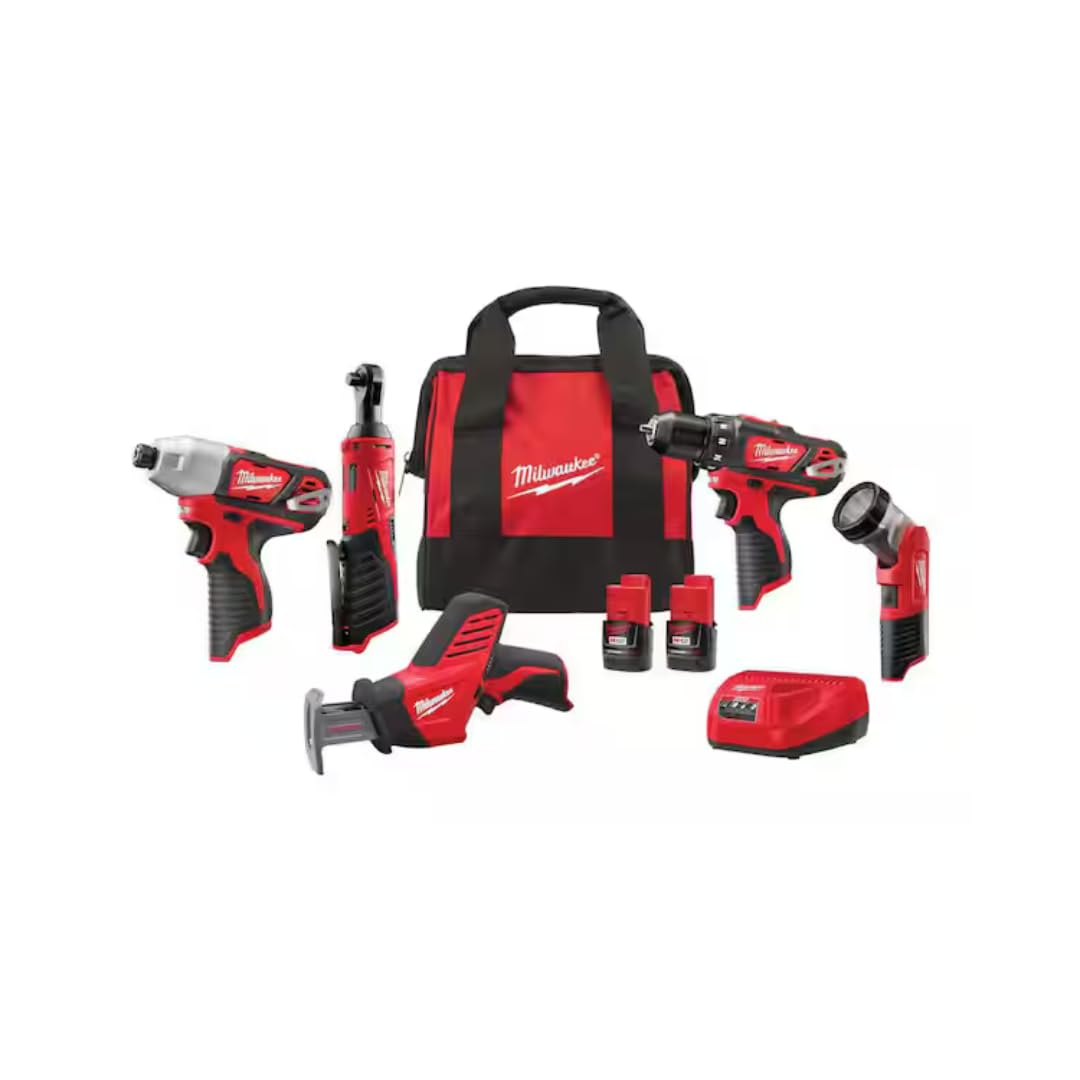 Milwaukee 2498-25 M12 12 V kit combinado inalámbrico de 5 herramientas: 2407-20 taladro/destornillador de 3/8 pulgadas + destornillador de impacto hexagonal 2462-20 de 1/4 pulgadas + sierra recíproca Hackzall 2420-20 + trinquete 2457-20 de 3/8 pulgadas + 