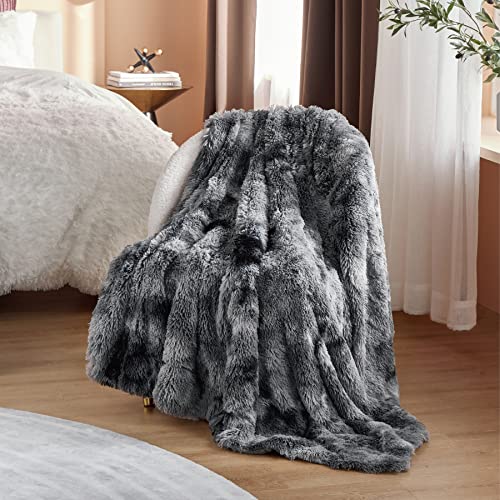 BEDSURE Faux Fur Winter Blankets Twin Size Grey Tiedye Fuzzy Fluffy