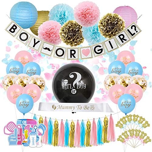 DekorSquad Gender Reveal Party Supplies for Boy or Girl (94 Piece Set) Cute Baby Shower Decor - Photo Props, It’s a Boy/Girl Balloons, Black Reveal Balloon, Paper Lanterns, Boy Or Girl Banner, PomPoms and More