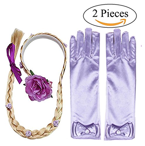 Yosbabe Princess Girls Rapunzel Long Hair Wig With Braid Gloves Dress up accessories (Purple)