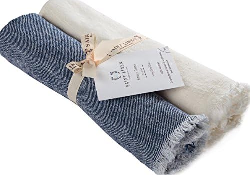 Set of 2 Linen Kitchen Towels Dish Cloth Stone Washed Towels in Ivory and Blue Size 17'' x 27'' Pure Linen with High Absorption, Soft Fabric and Lint-Free Safe for Machine Wash Drying