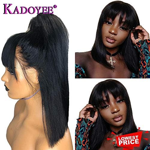 Kadoyee Bob Wigs Short Straight Hair with Bangs and baby hair lace front wigs 100% Unprocessed Virgin Brazilian hair 13x4 Ear to Ear with Adjustable for black Women Natural black 10inch 150% Density