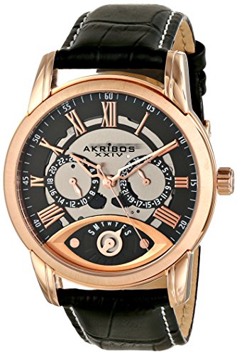Akribos XXIV Men's AK725RG Quartz Movement Watch with Black Dial and Black with White Stitching Leather Calfskin Strap