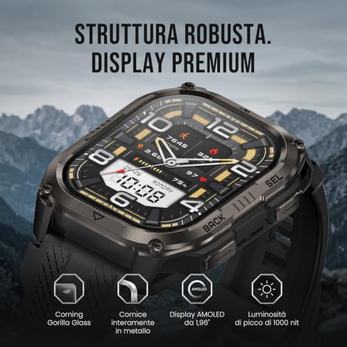 KOSPET PULSE 2 Smart Watch Rugged GPS Dual-Band 5ATM IP69 LED Flashlight | AMOLED 1.96" Extra Large Battery, Over 170 Sports Modes, Heart and Sleep Monitor for Android and iPhone Black