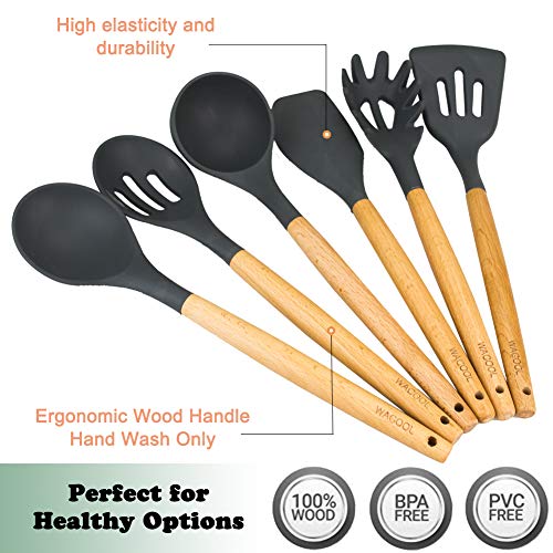 WACOOL 6 Piece Silicone Cooking Kitchen Utensil Set Tools with Wood