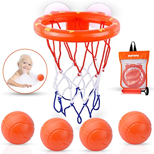 juguetes de baño marppy, aro de baloncesto para bañera para niños pequeños, niños y niñas con juego de 4 bolas suaves y ventosa fuerte, juego de disparos para el baño y divertido juego de disparos, regalo para niño o niña