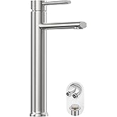 Phiestina Brushed Nickel Vessel Sink Faucet, Tall Bathroom Faucets 1 Hole Single Handle Above Counter Sink Bathroom Faucet, with Pop Up Drain and Water Supply Line,NS-SF03-V-BN