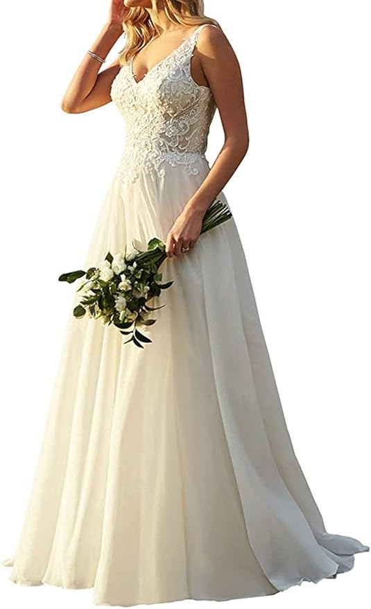 Rjer Lace Appliques Wedding Dress Chiffon Long