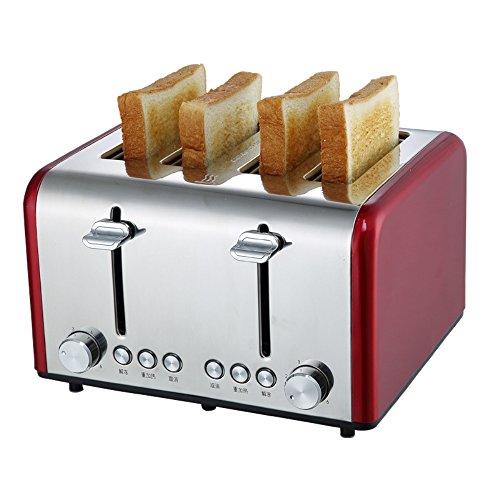 Click Here to See More Images 4-Slice Fully Automatic Toaster Stainless Steel With Dust Cover Baking Rack 4Cm Extra Wide Slots Removable Crumb Tray Auto Shut-Off High Lift Lever,Red