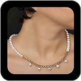 Andelaisi Boho Pearl Necklace Vintage Pearl Chain Choker White Bead Necklace Gold Curb Link Chain Collar for Women