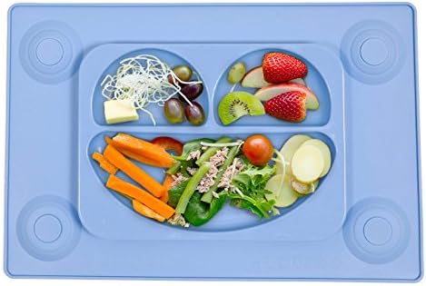 EasyMat Kids Placemat & Suction Plate In One with Spoon. Toddler & Baby Feeding Plate & Spoon Set. Suction Bowl Sectional Baby Plate. For Baby Led Weaning Age 6 Month+ by EasyTots (Blue)
