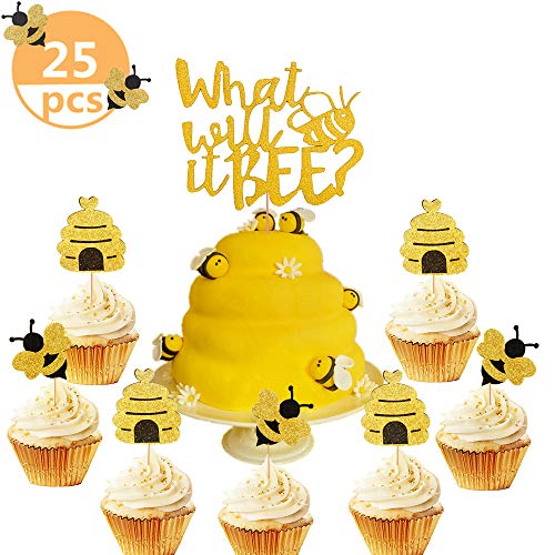 Buy 25 PCS JeVenis Glitter Bumble Bee Cupcake Toppers What Will it bee
