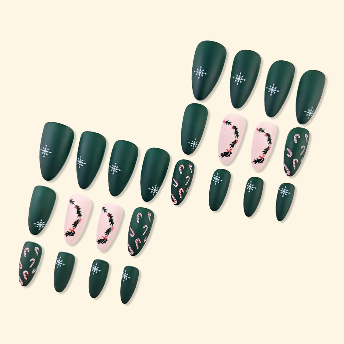 Christmas Press on Nails Medium Almond Fake Nails Winter Snowflake Acrylic Nails with Xmas Holly Candy Designs Full Cover Green Matte False Nails Cute Christmas Stick on Nails for Women, 24 Pcs - Image 4