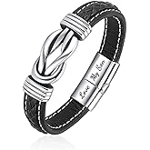 Braided Black Stainless Steel Leather Mens Bracelet, Interlocking Inspirational Wristband Mom And Son Forever Linked Together, Birthday Graduation Gift From Mother For Men