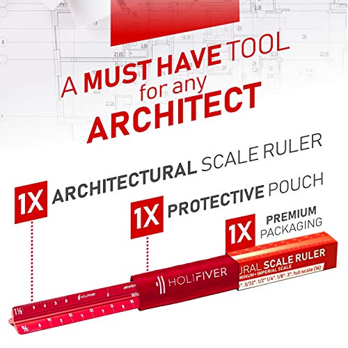 Holifiver Triangular Architectural Scale Ruler â€“ 12â€ Imperial Scale for Blueprints, Engineering or Drafting â€“ Perfect Gift for Students, Architects, Engineers â€“ Aluminum Sleek Red Finish