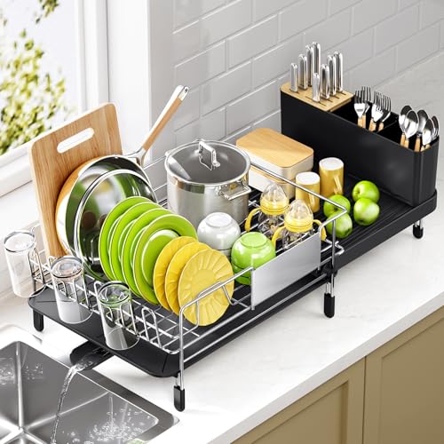 Urackify Large Dish Drying Rack, Expandable Dish Rack with Drain Board, Dish Drainer for Kitchen Couter, Dish Dryer Rack with Cups and Cutlery Holders, Stainless Steel Silver
