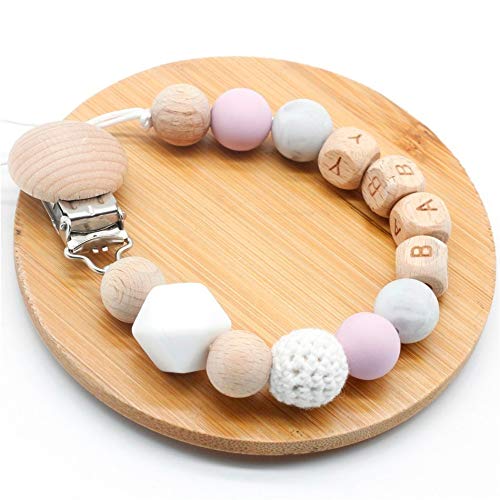 Love Environment Personalized Name Silicone & Wood Pacifier Clip with Engraved Wood Letter, Soother Clips, Baby Shower Gifts