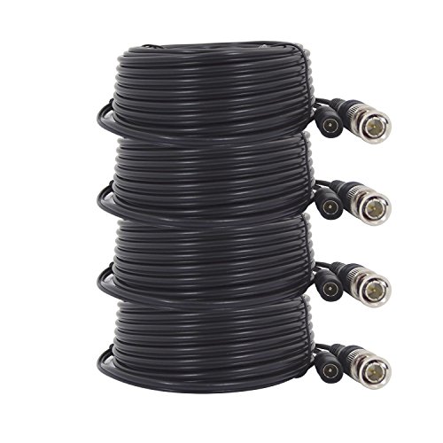 TIGERSECU 4 Pack 60-Feet (18 Meters) BNC Video Power Cables for CCTV Security Camera and Surveillance Systems (4-Pack, Black)