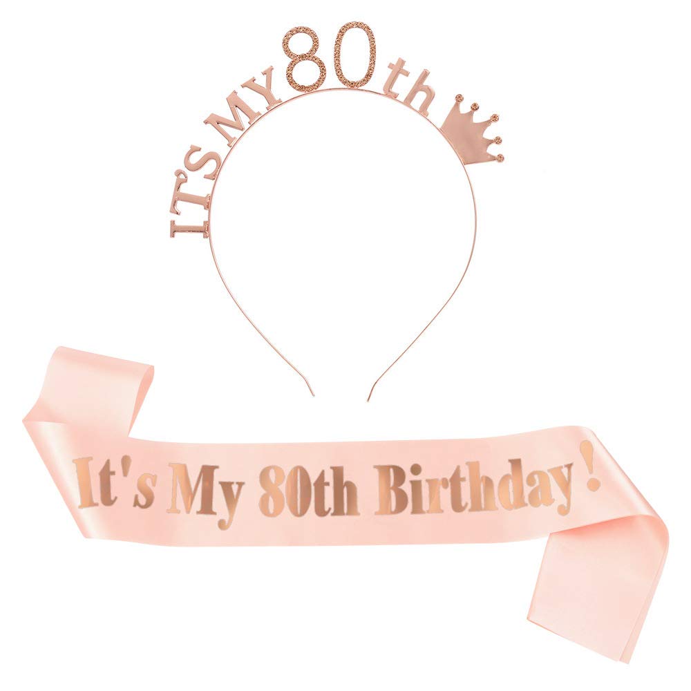 Camelliass 80th Birthday Tiara and Sash, Rhinestone Birthday Crown Headband Satin Sash for 80th Happy Birthday Party Decorations Supplies