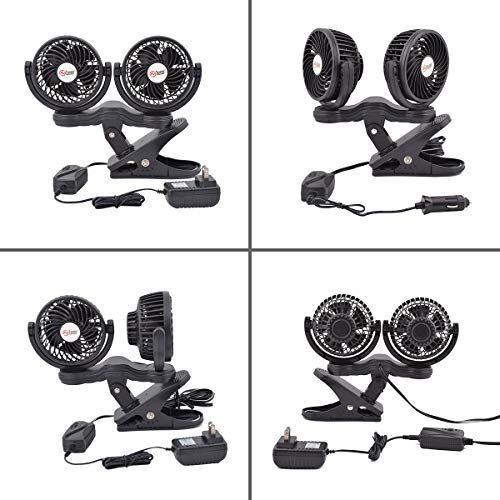 TN TONNY Dual Head Clip Fan, 4 Inches Electric Car Clip Fans 360° Rotatable,12V Cooling Air Fan with Stepless Speed Regulation for Vehicle or Home