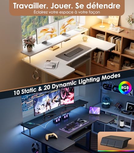 OffiGo U Shape Sitting Desk Electric Desk with Monitor Stand, USB Sockets and Port, Standing Desk with LED, Height Adjustable Gaming Table, White
