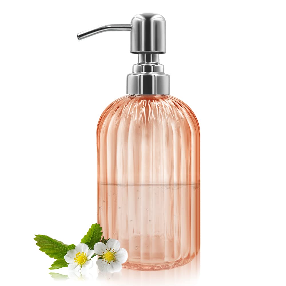 14 Oz Glass Soap Dispenser with 304 Rust Proof Stainless Steel Pump, Refillable Hand Liquid Soap Dispenser for Bathroom, Kitchen， Countertop, Laundry Room (Amber) — image 1