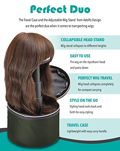 Wig Head and Travel Case - 2 Piece Travelling Kit - Adjustable Length Stand For Home or Salon - Portable Carrying Box - Green Case with Black Head - by Adolfo Design
