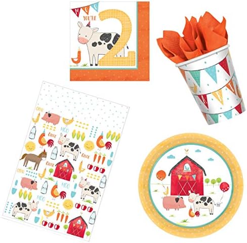Barnyard Second Birthday Supplies Bundle 50 Pieces | Barnyard Themed 2nd Birthday Pack for 16 Guests | Includes Plates, Napkins, Cups, Table Cover and Party Planning eBook (Basic ParteePak)