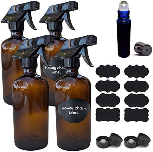 Refillable Amber 16 Ounce Glass Spray Bottles with Labels (4 Pack) - Perfect for Essential Oils, Cleaning Products Aromatherapy - Durable Trigger Sprayer w/Mist and Stream Settings
