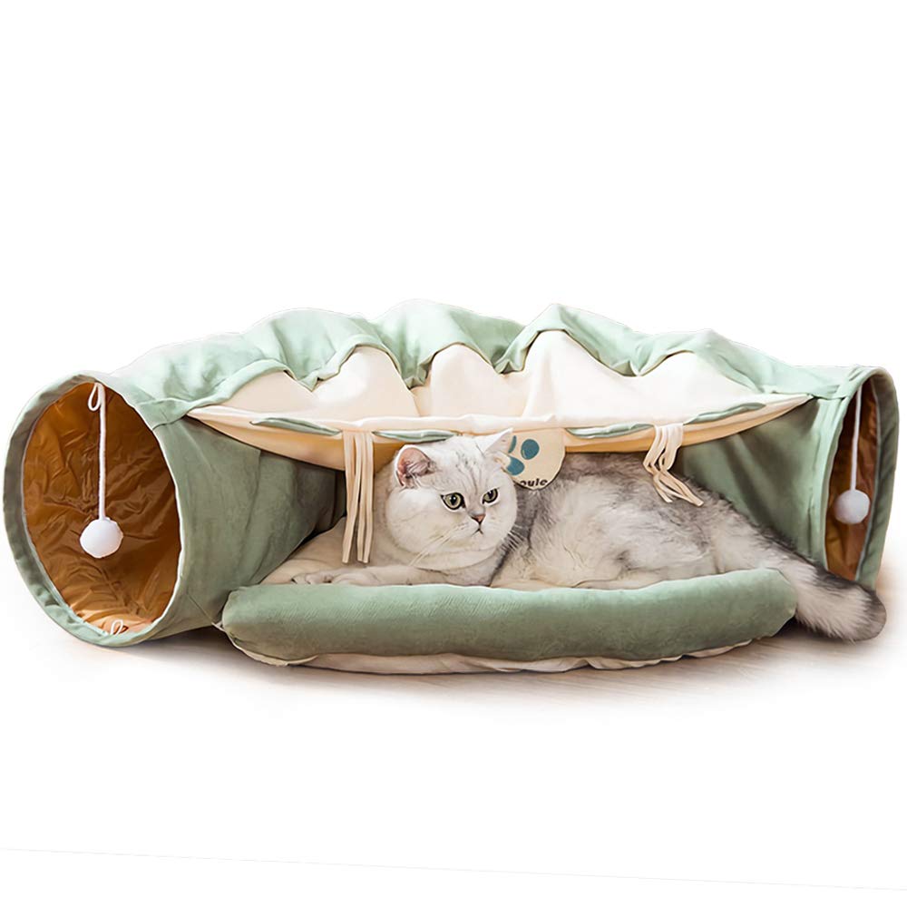 Cat Tunnel Toy Play Center with Collapsible Tube and Removable Thick Bed and 2 Hanging Scratching Balls, Peak Hole Hideout House for Kitten (Green)
