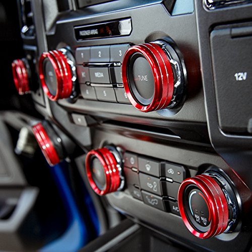 Thenice 6pcs Aluminum Alloy Air Conditioner & Audio & Trailer & 4x4 Switch Knob Ring Console Button Cover Trim Bezel for Ford F150 XLT 2016 2017 2018(Red)
