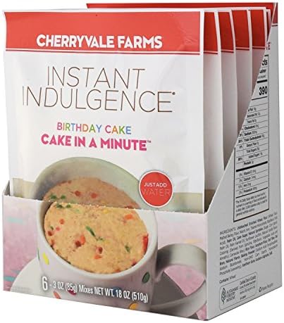 Cherryvale Farms Instant Indulgence Mug Cake Mix, Birthday Cake, Microwave Dessert, Vegan, GMO-Free (6 single serve pouches)
