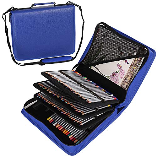 Shulaner 180 Slots PU Leather Colored Pencil Case Organizer Large Capacity Carrying Bag for Prismacolor Watercolor Pencils, Crayola Colored Pencils, Marco Pens, Gel Pens (Blue, 180)