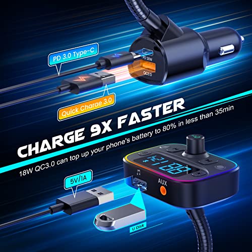 Bluetooth Car Adapter, [PD 30W + QC 3.0] Bluetooth 5.0 FM Transmitter for Car, AUX FM Bluetooth