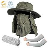 Seektop Fishing Hat, Men Women UPF 50+ Protection Outdoor Sun Hiking Hat with Removable Neck Flap and Face Cover Mask -Kit Include Cooling Arm Sleeves, Cooling Towel